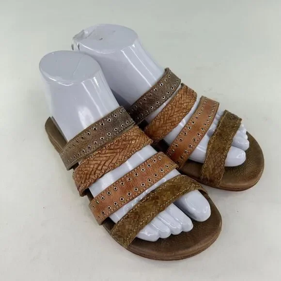 Bed Stu Henna Women's Sandals US 6.5 Brown Strappy Woven Leather Studded Slide - Picture 5 of 11